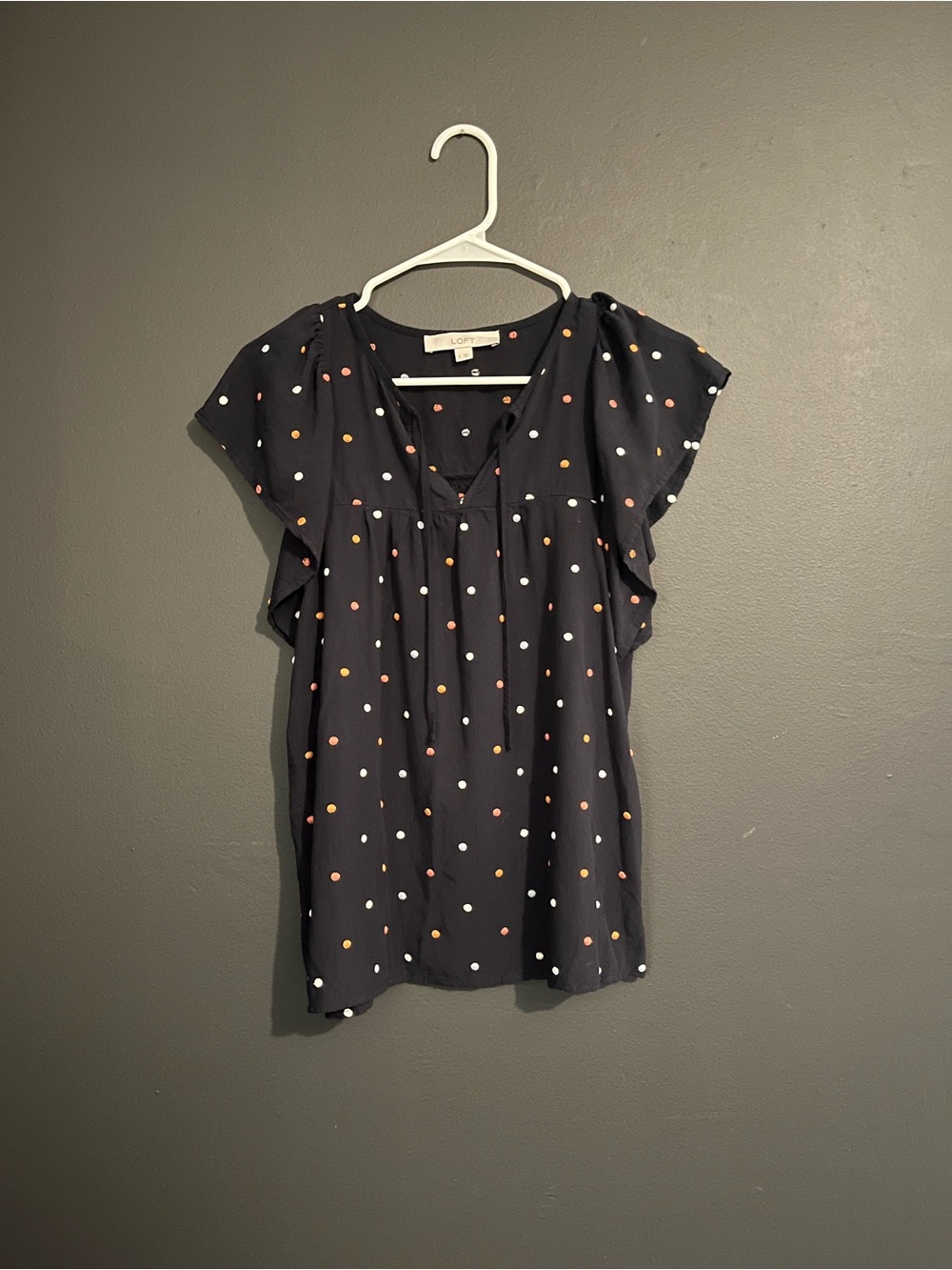 LOFT Navy with Orange and White Polka Dot Flutter Sleeve Blouse